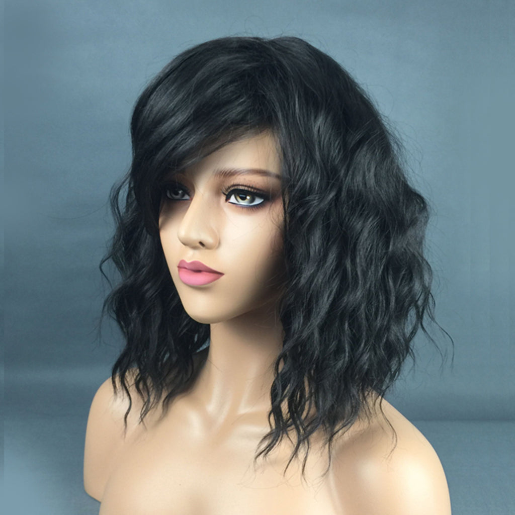 Women Wigs Curly Hairpieces Cosplay Wig with Rose Net Cap Ombre Black 38cm