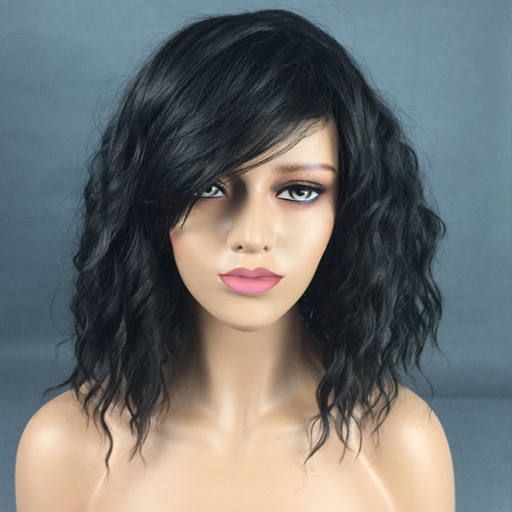 Women Wigs Curly Hairpieces Cosplay Wig with Rose Net Cap Ombre Black 38cm