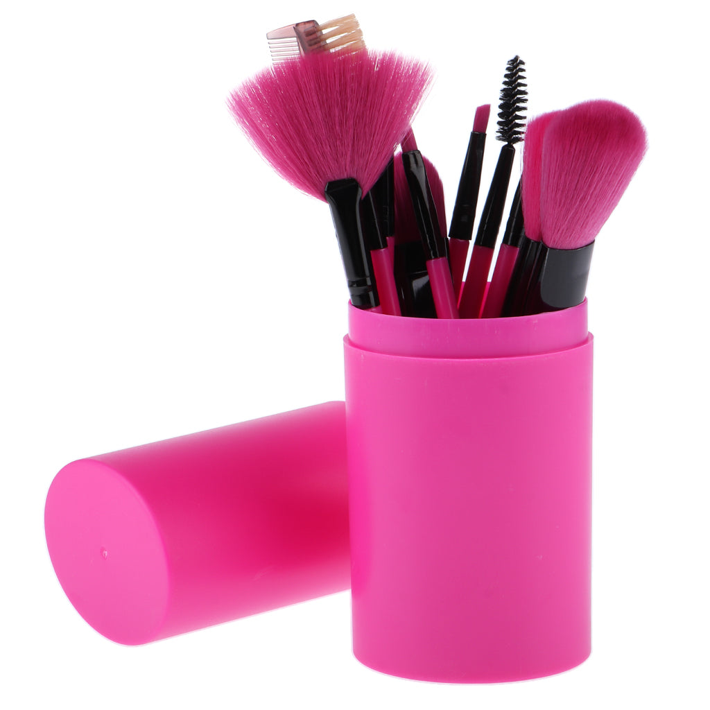 12pc Makeup Brushes Set Foundation Blush Eyeshdow Lip Brush w/ Holder Rose Red