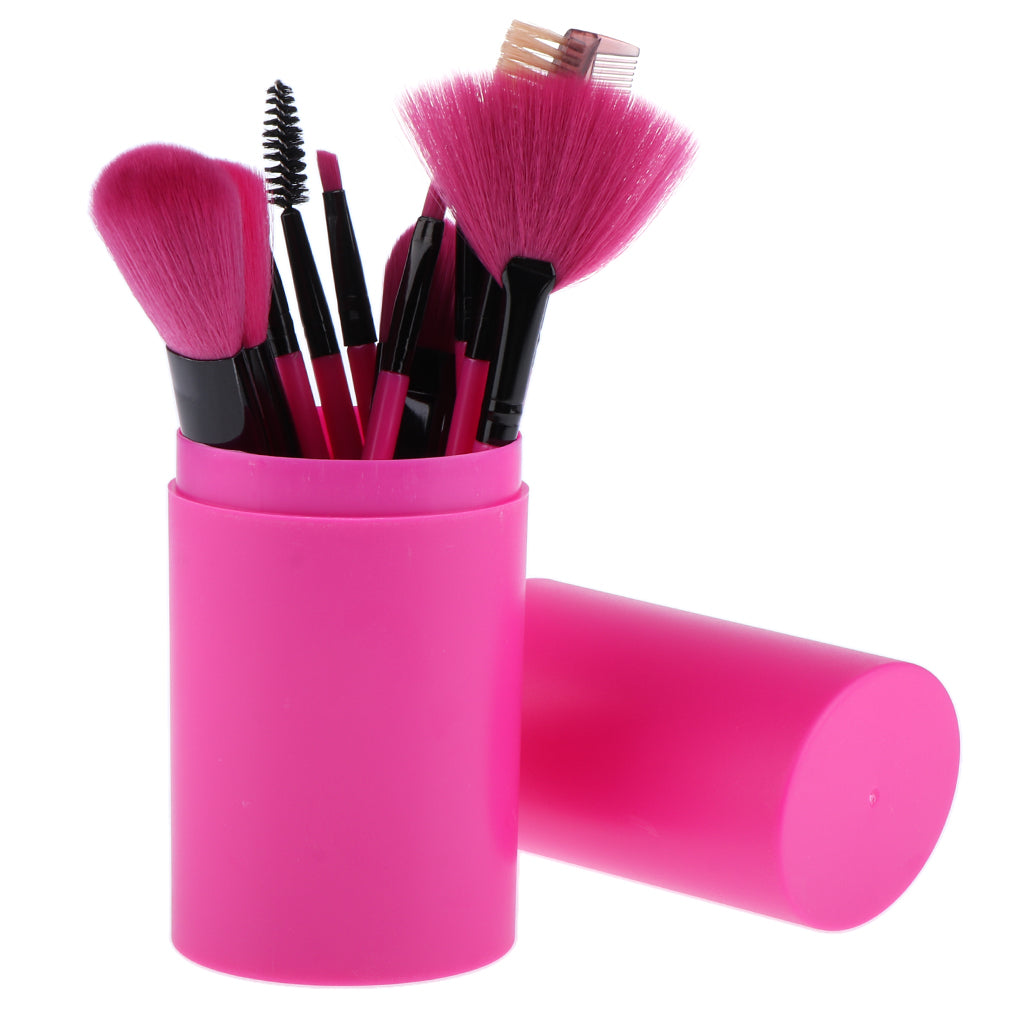 12pc Makeup Brushes Set Foundation Blush Eyeshdow Lip Brush w/ Holder Rose Red