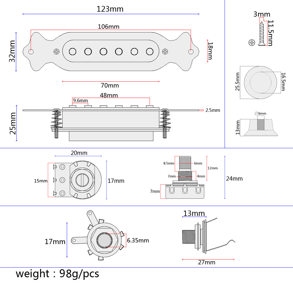 Electric Acoustic Guitar Soundhole Magnetic Pickup with Volume & Tone, White