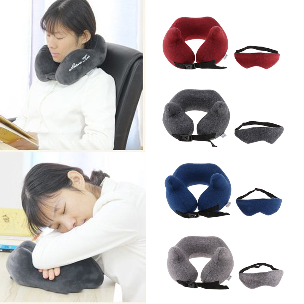 U shaped Travel Pillow Neck Support Head Rest Cushion & Eye Mask Wine red