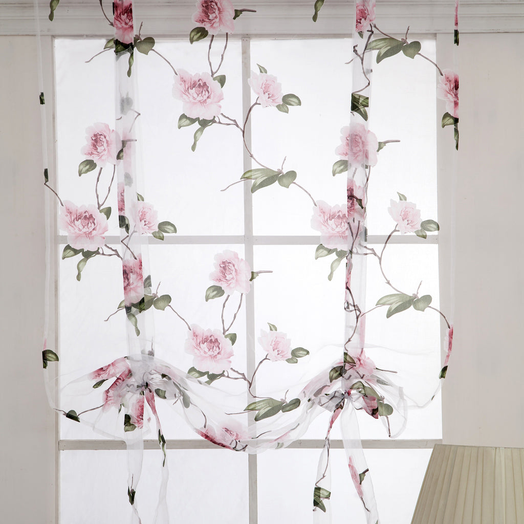 Floral Design Roman Short Window Curtain Sheer Voile #4 Pink 140x160cm