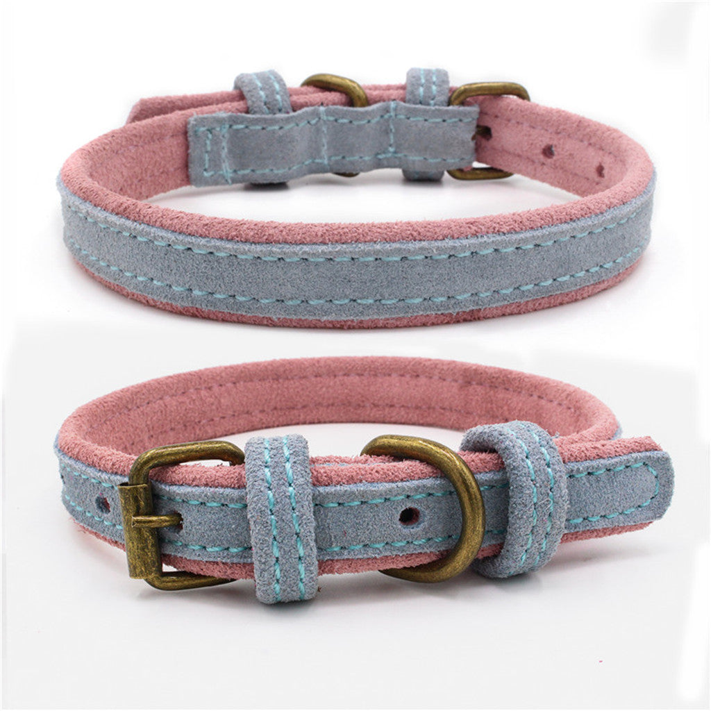 Double Frosted Traditional Adjustable Leather Pet Dog Collar Light Blue S