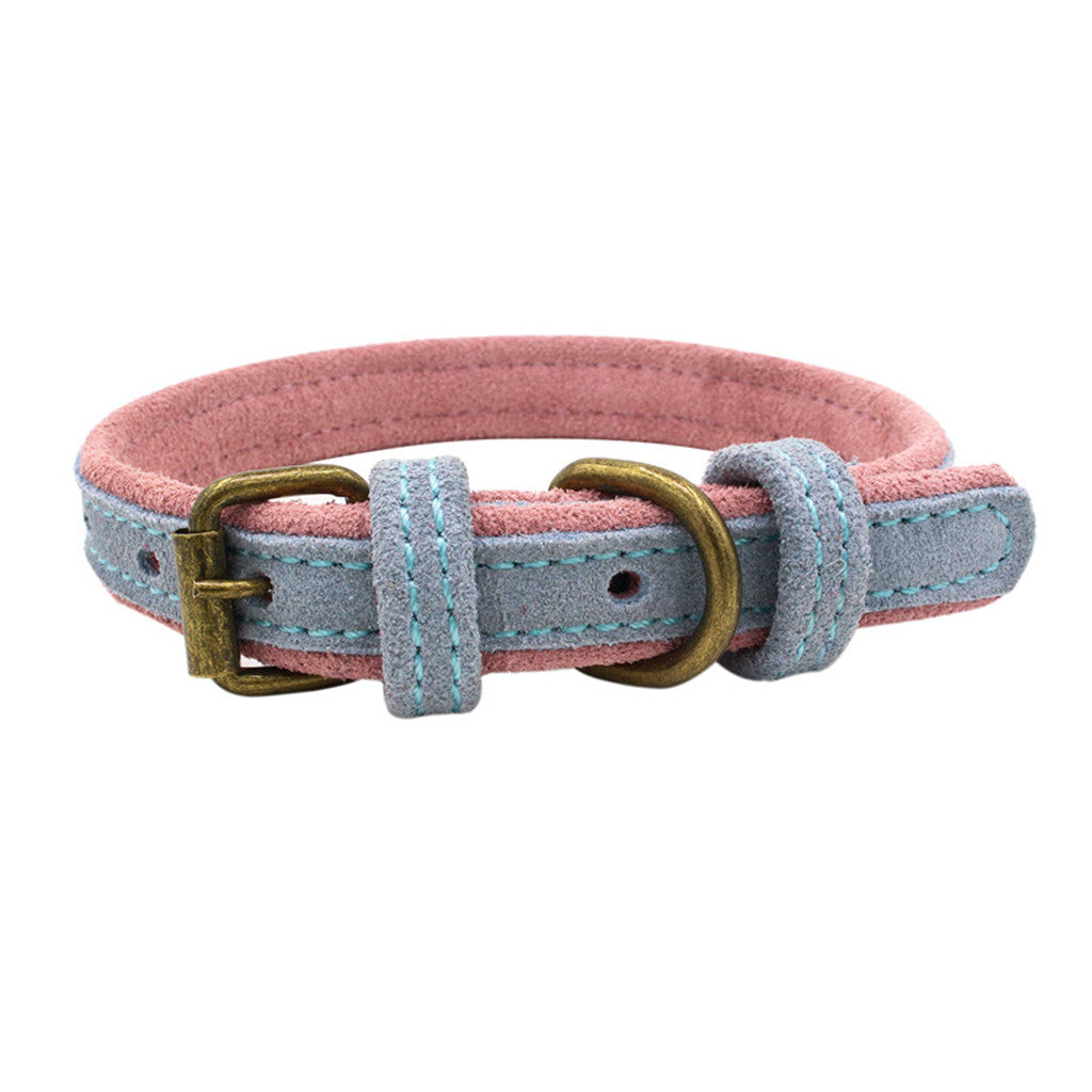 Double Frosted Traditional Adjustable Leather Pet Dog Collar Light Blue S