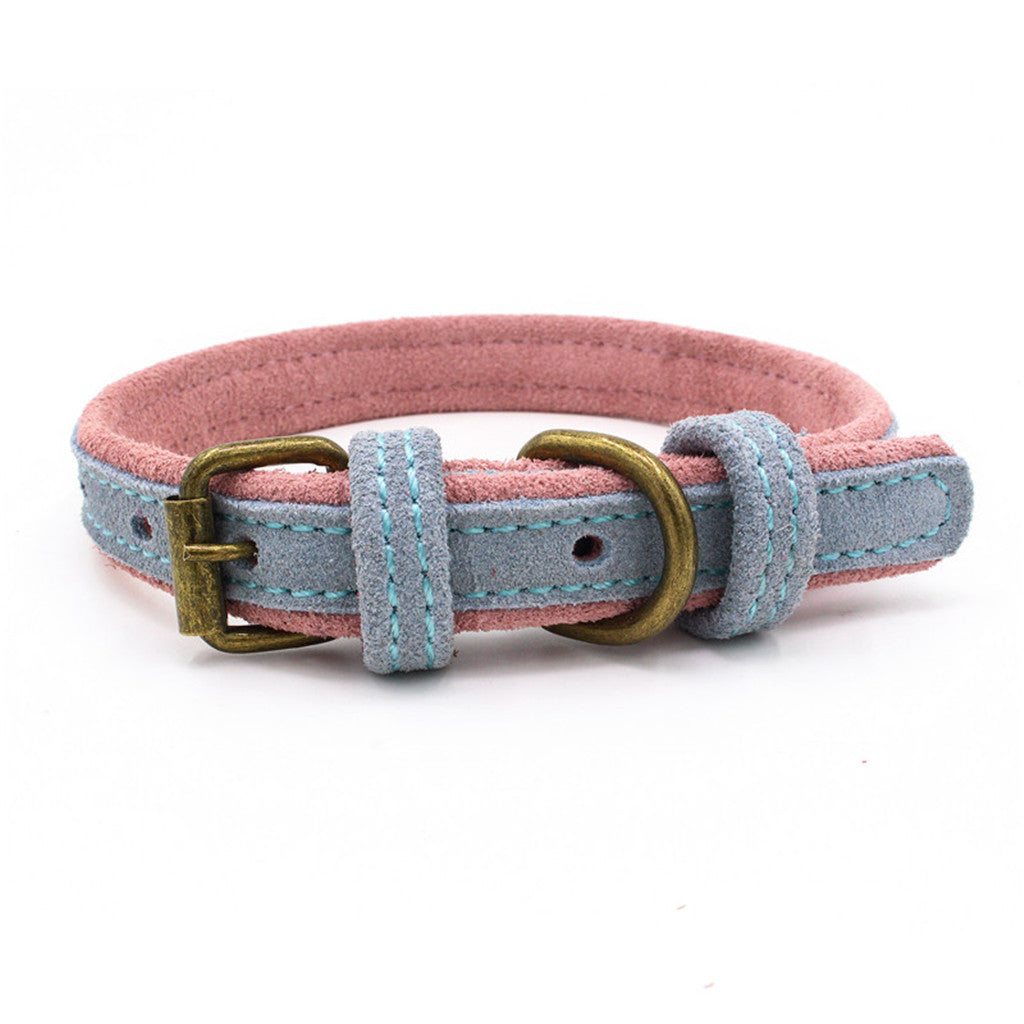 Double Frosted Traditional Adjustable Leather Pet Dog Collar Light Blue S