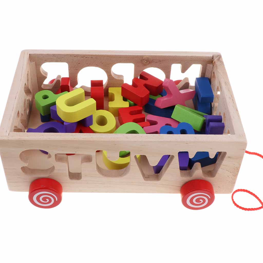 Toddler Wood Shape Sorter Car Pull Along Toy Block Puzzle Development Letter