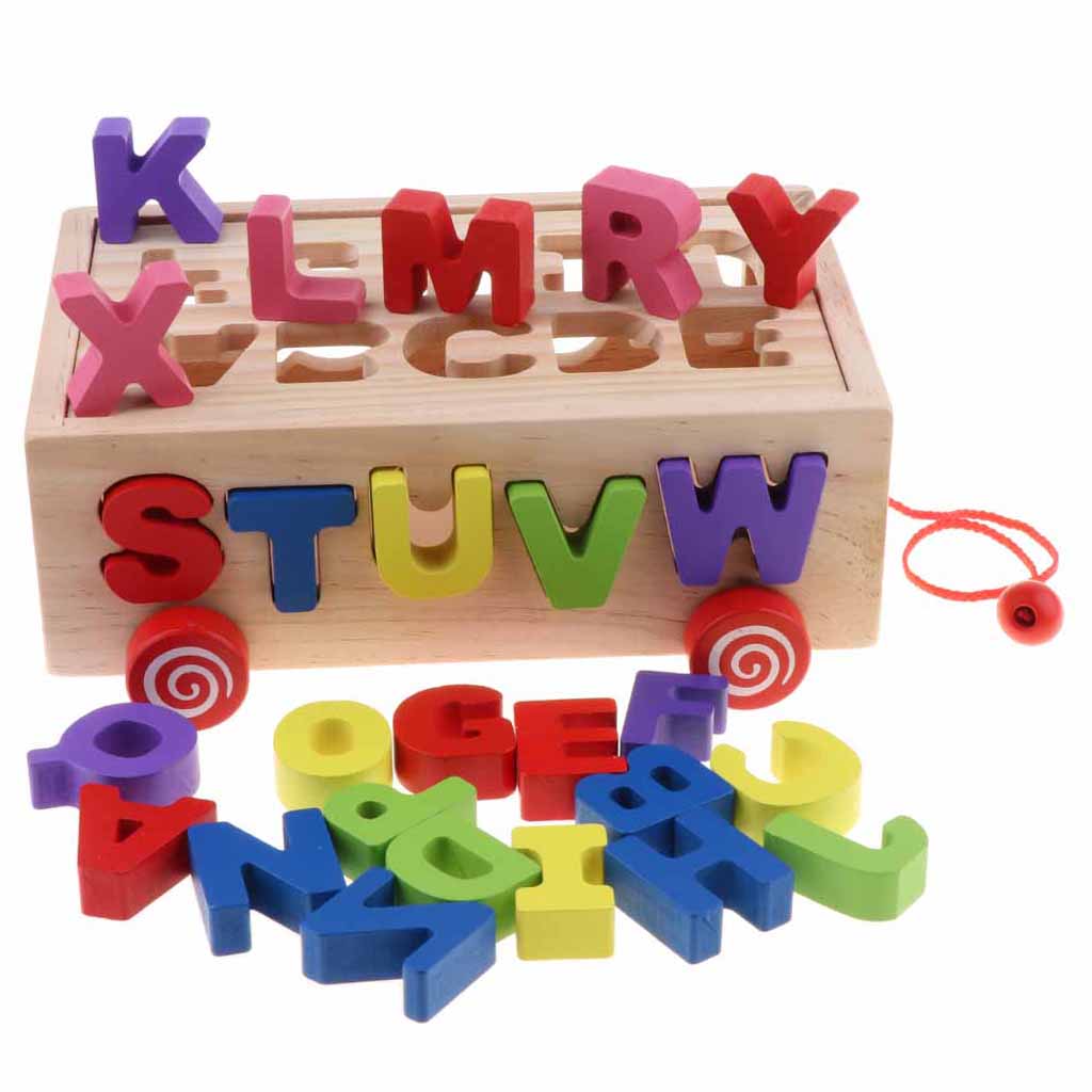 Toddler Wood Shape Sorter Car Pull Along Toy Block Puzzle Development Letter