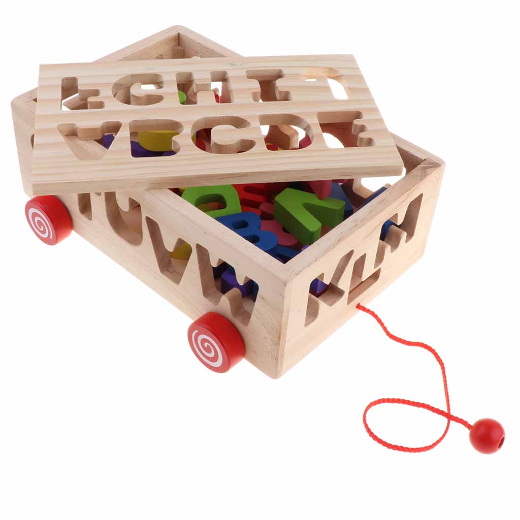 Toddler Wood Shape Sorter Car Pull Along Toy Block Puzzle Development Letter