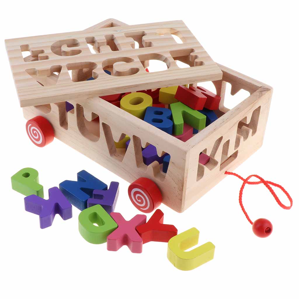 Toddler Wood Shape Sorter Car Pull Along Toy Block Puzzle Development Letter