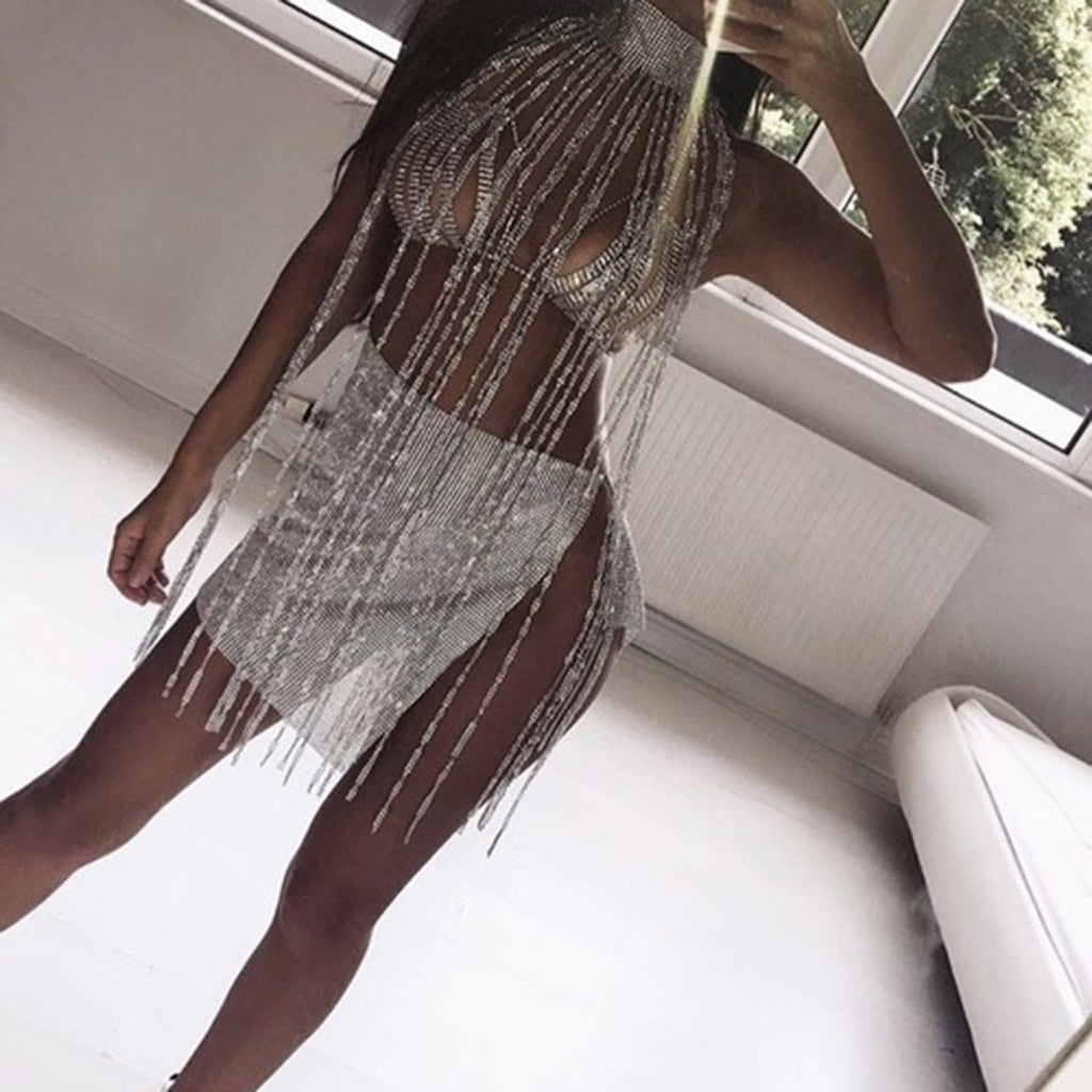 Fashion Shiny Long Tassel Dress Body Chain Necklace Chain Cloth Jewelry Silver