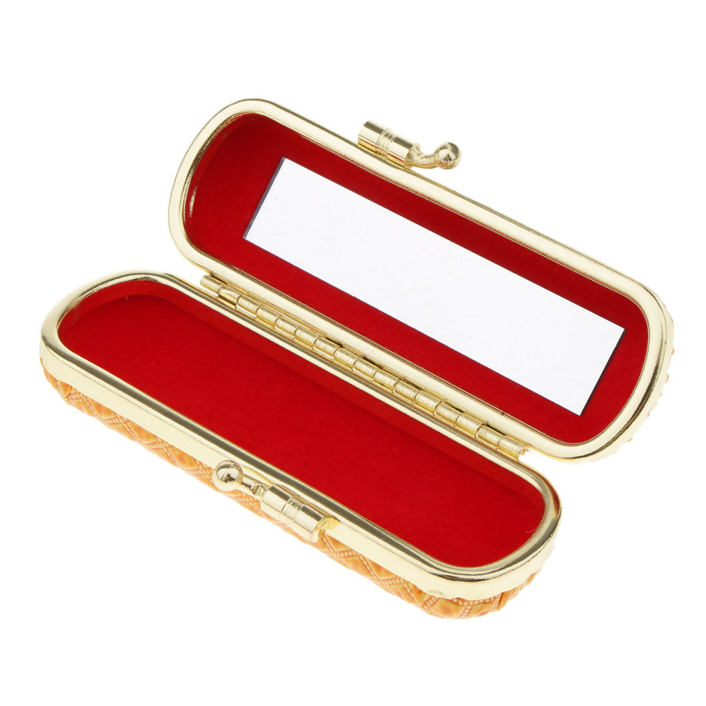 Leather Lipstick Lip Gloss Case Storage Box Balm Holder with Mirror Orange