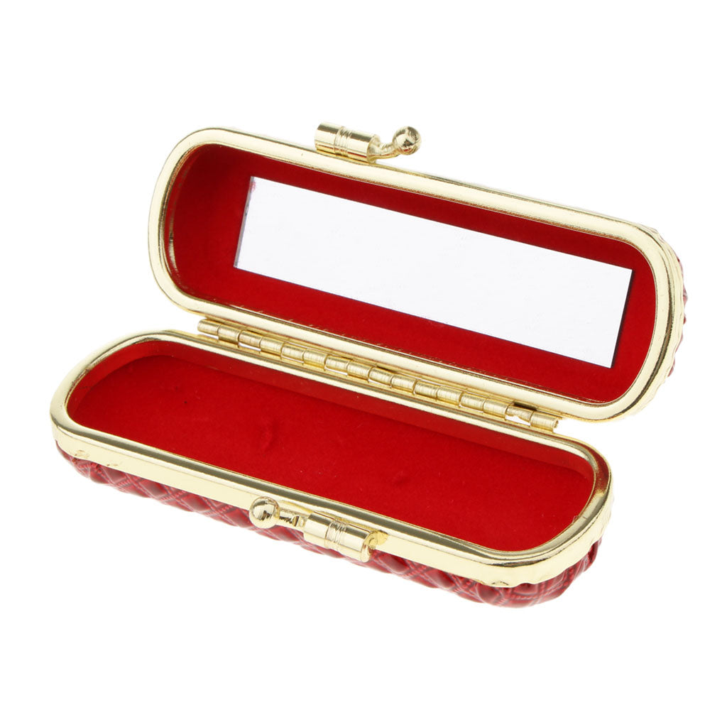 Leather Lipstick Lip Gloss Case Storage Box Balm Holder with Mirror Red