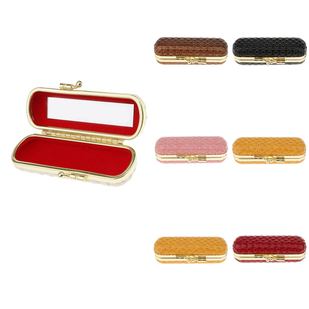 Leather Lipstick Lip Gloss Case Storage Box Balm Holder with Mirror Red