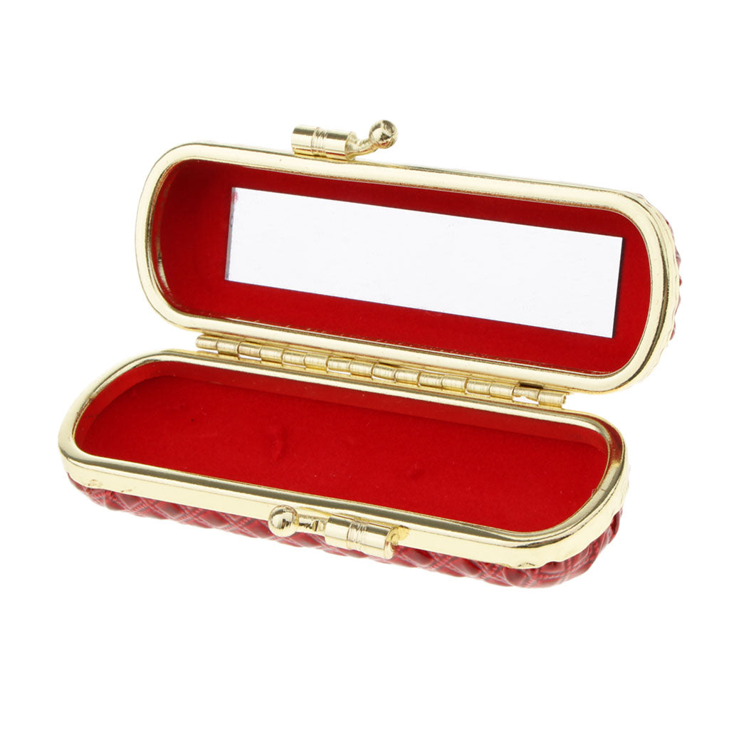 Leather Lipstick Lip Gloss Case Storage Box Balm Holder with Mirror Red