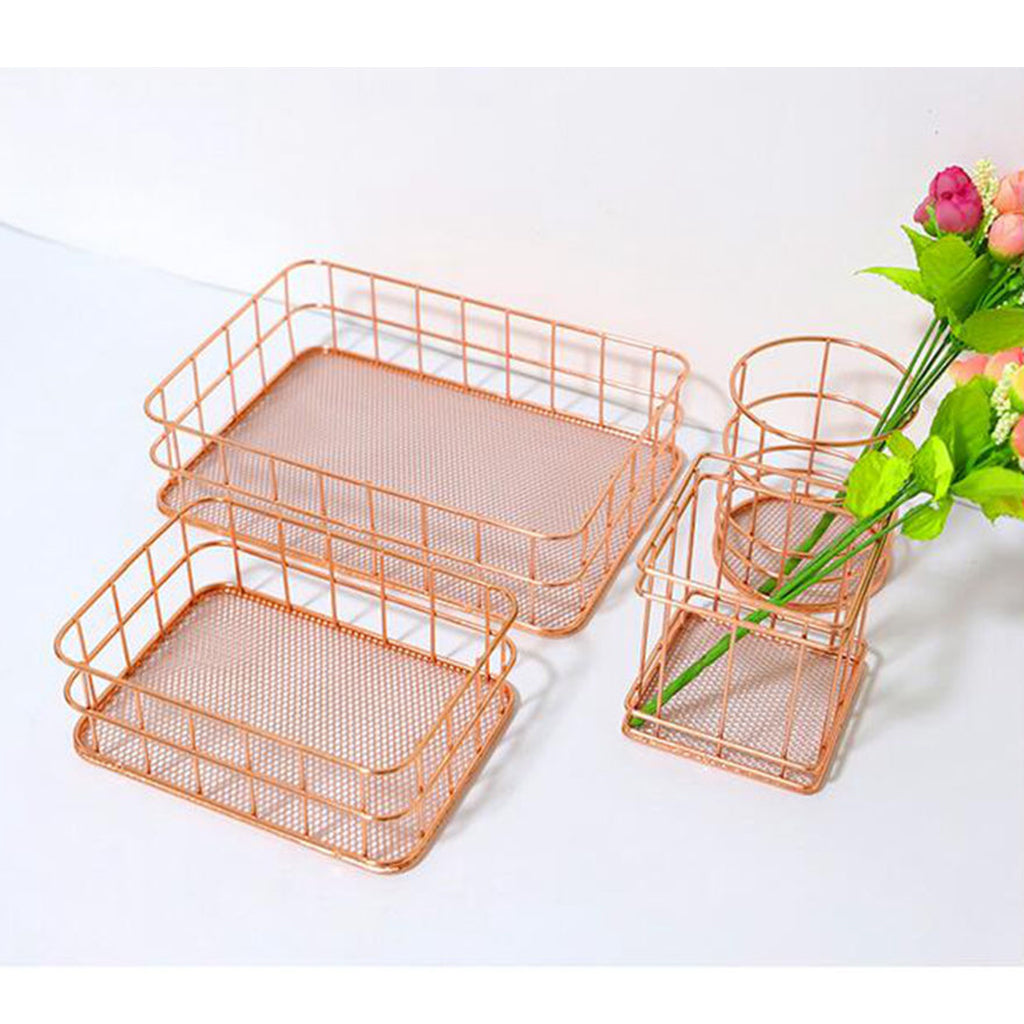 Wire Storage Basket Bin Organizer Holder for Kithen Bathroom Rose Gold L