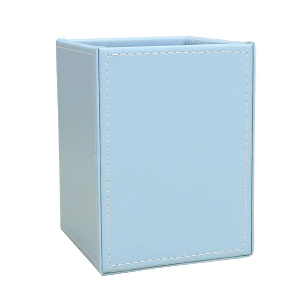 Blue Plain Square Leather Pen Container Brush Pot Tabletop Storage Box