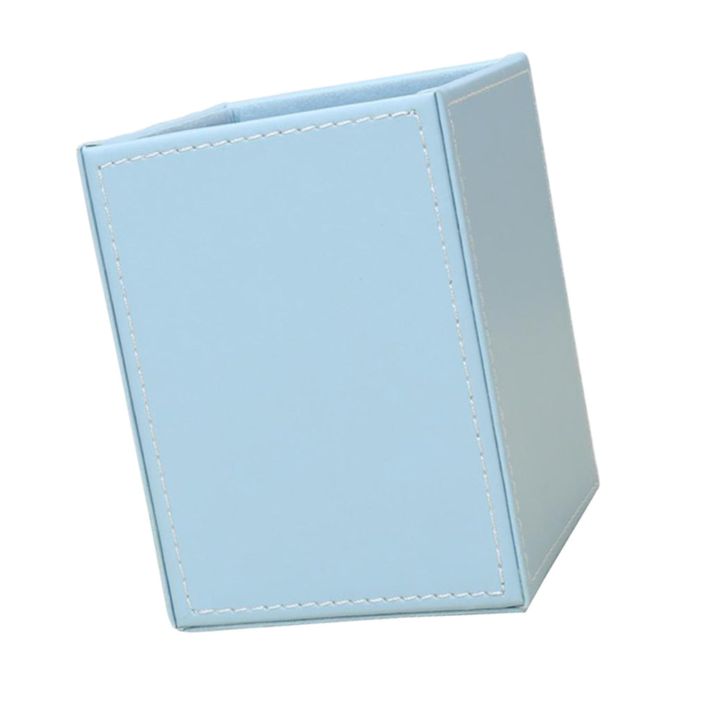 Blue Plain Square Leather Pen Container Brush Pot Tabletop Storage Box