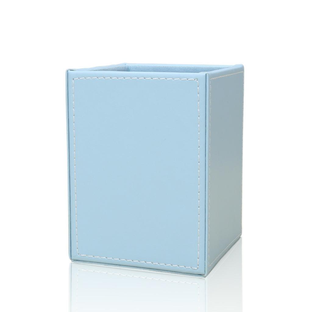 Blue Plain Square Leather Pen Container Brush Pot Tabletop Storage Box