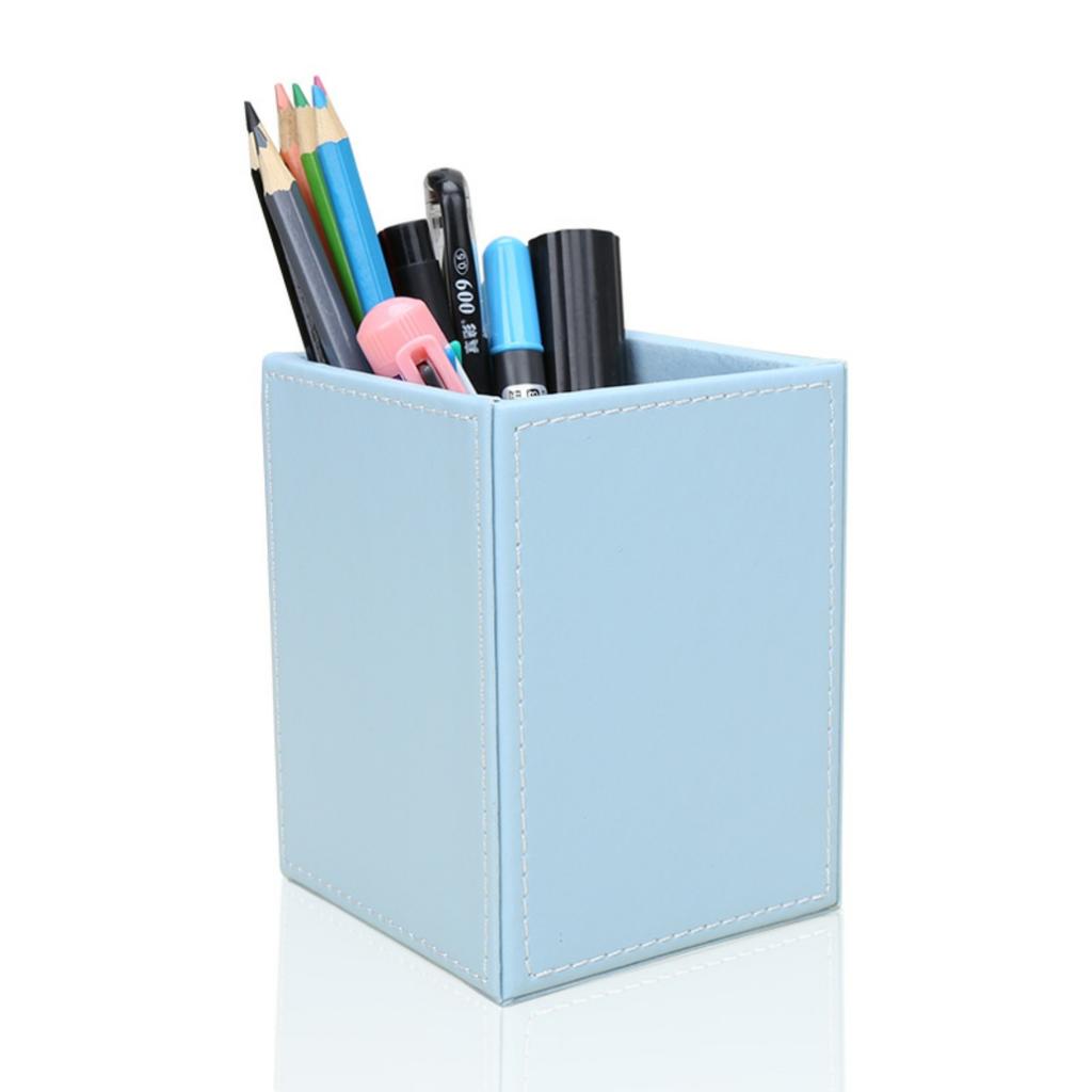 Blue Plain Square Leather Pen Container Brush Pot Tabletop Storage Box