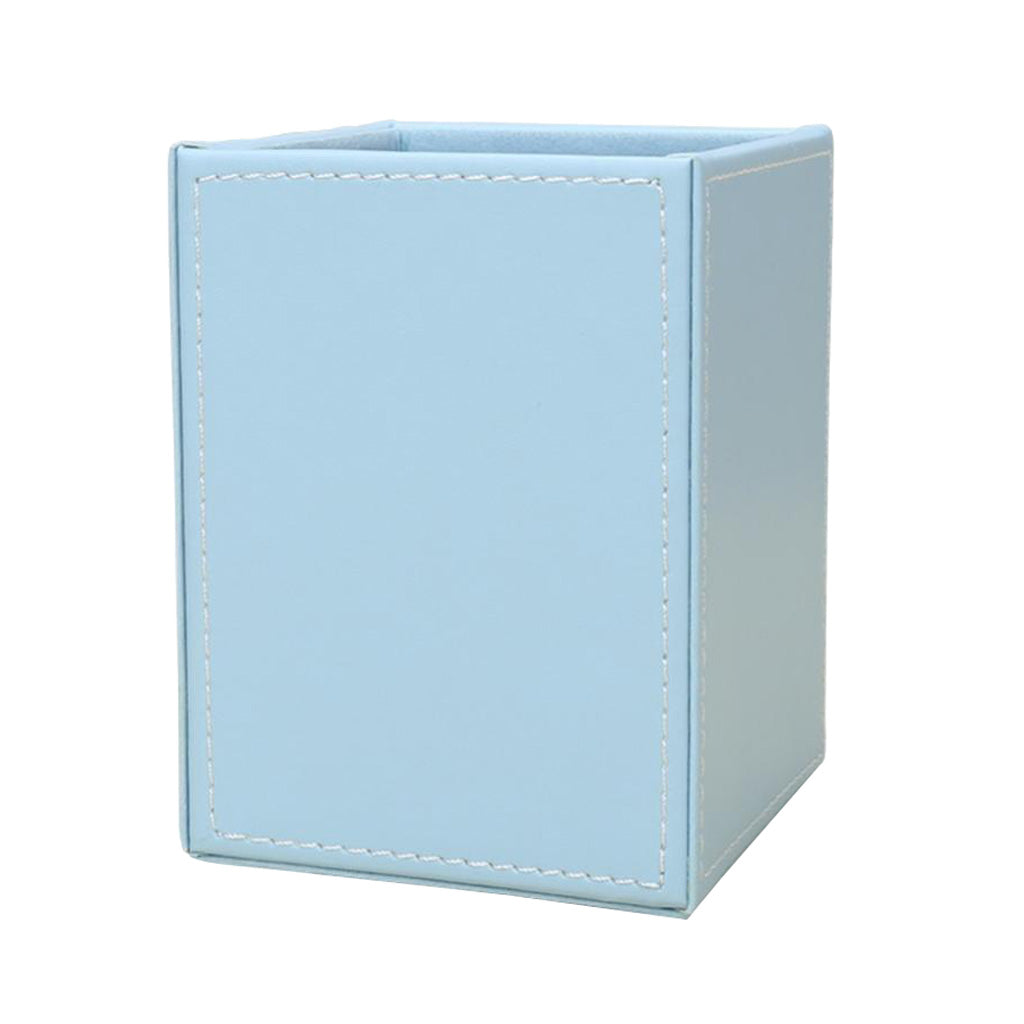 Blue Plain Square Leather Pen Container Brush Pot Tabletop Storage Box