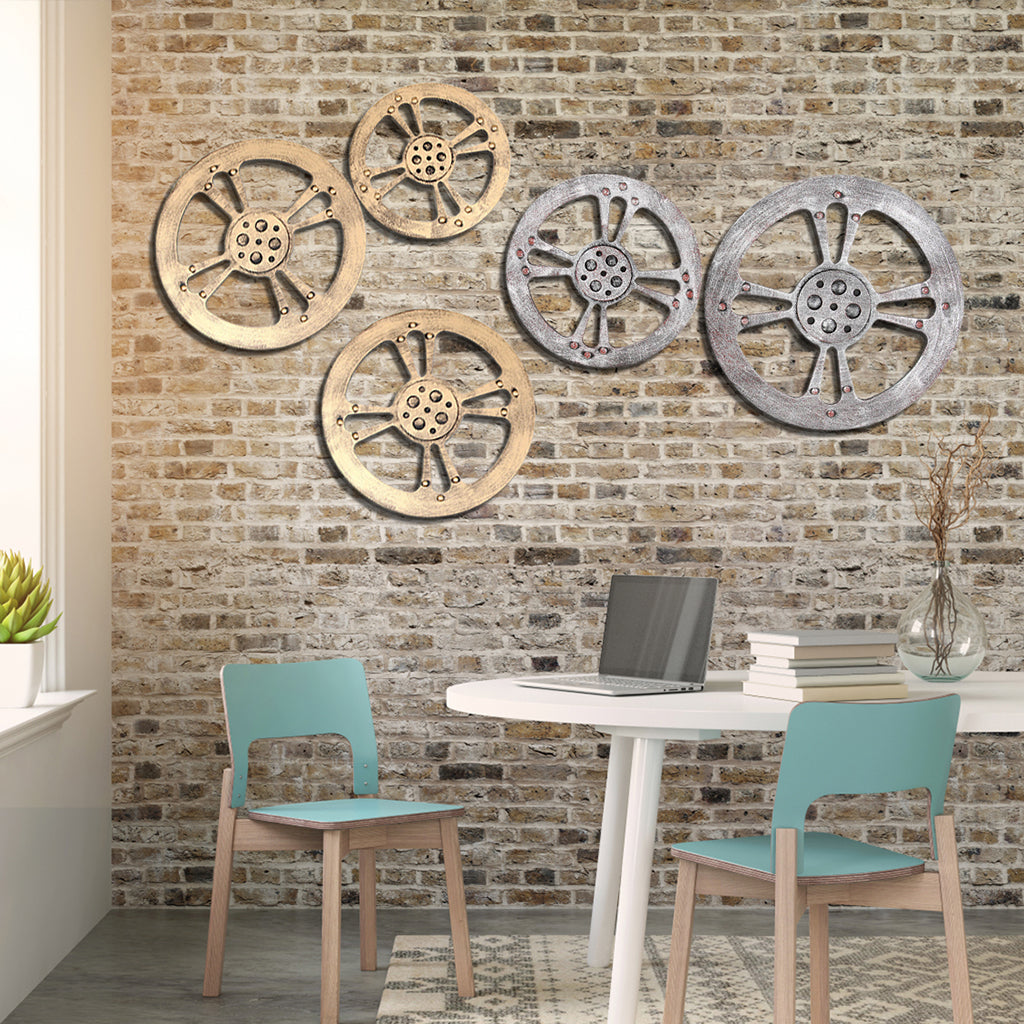 Wooden Gear Wall Art Industrial Style Shabby Chic Wall Decor 32cm Gold