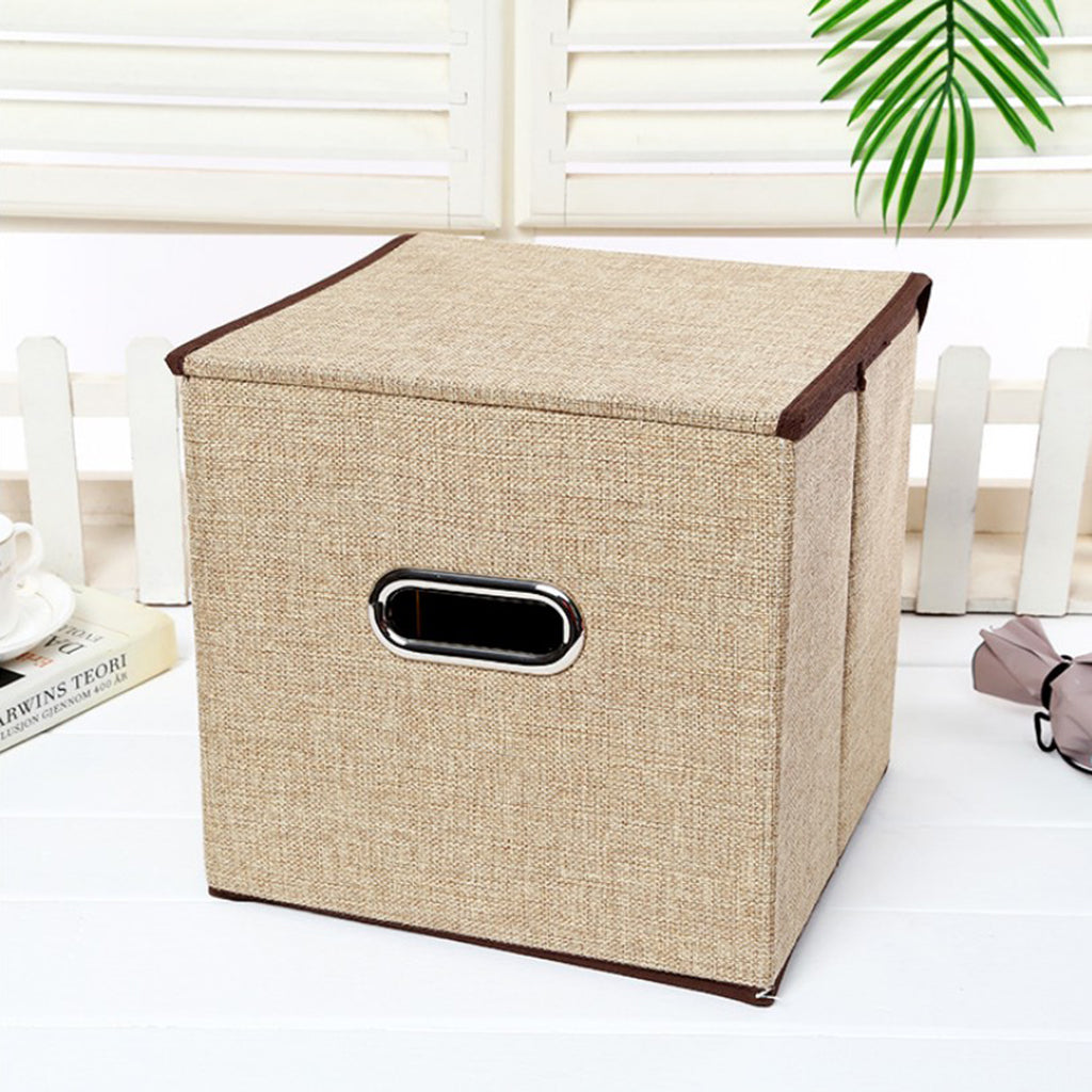 Cube Storage Basket Linen Drawers Organizer Case Box Bin with Lid Beige