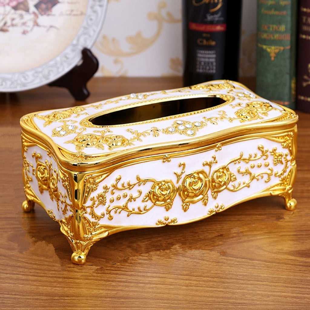 European Style Acrylic Tissue Box Luxurious Rose Napkin Cover  Golden White