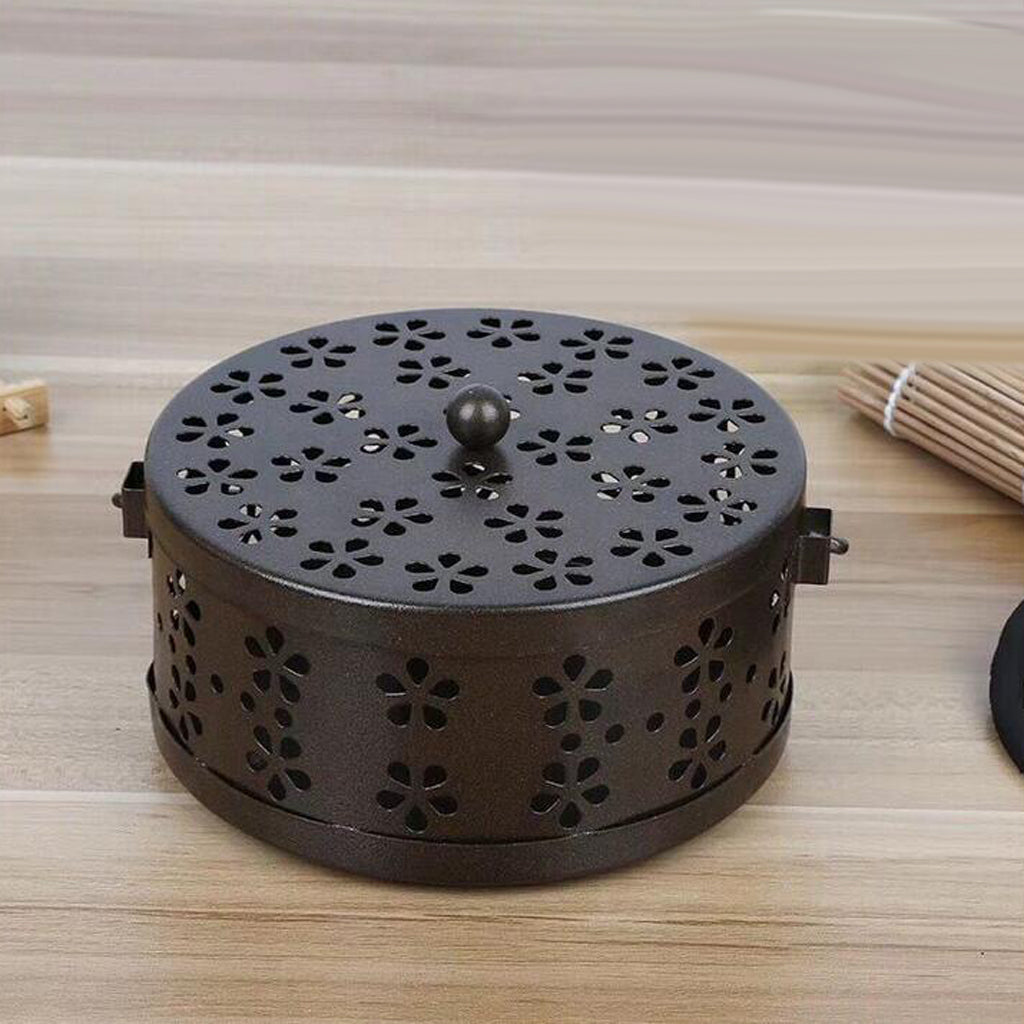 Retro Hollow Out Mosquito Coil Holder Handle Box for Teahouse Home Brown