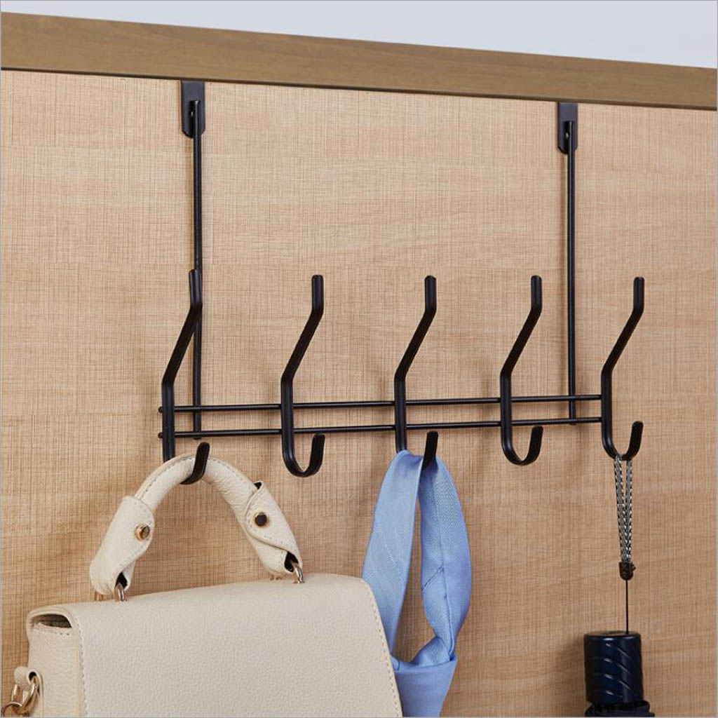 5 Hook Stainless Over Door Hanger for Clothes Coat Robe Hanger Hanging Black