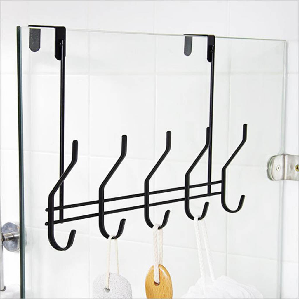 5 Hook Stainless Over Door Hanger for Clothes Coat Robe Hanger Hanging Black