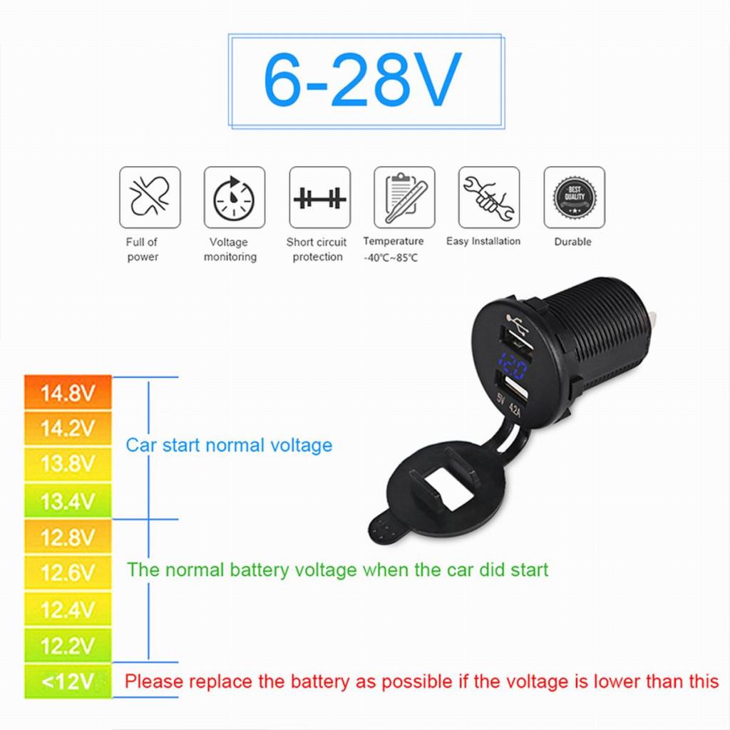 12-24V Dual USB Car Round Socket Charger LED Voltmeter Adapter Bule Light