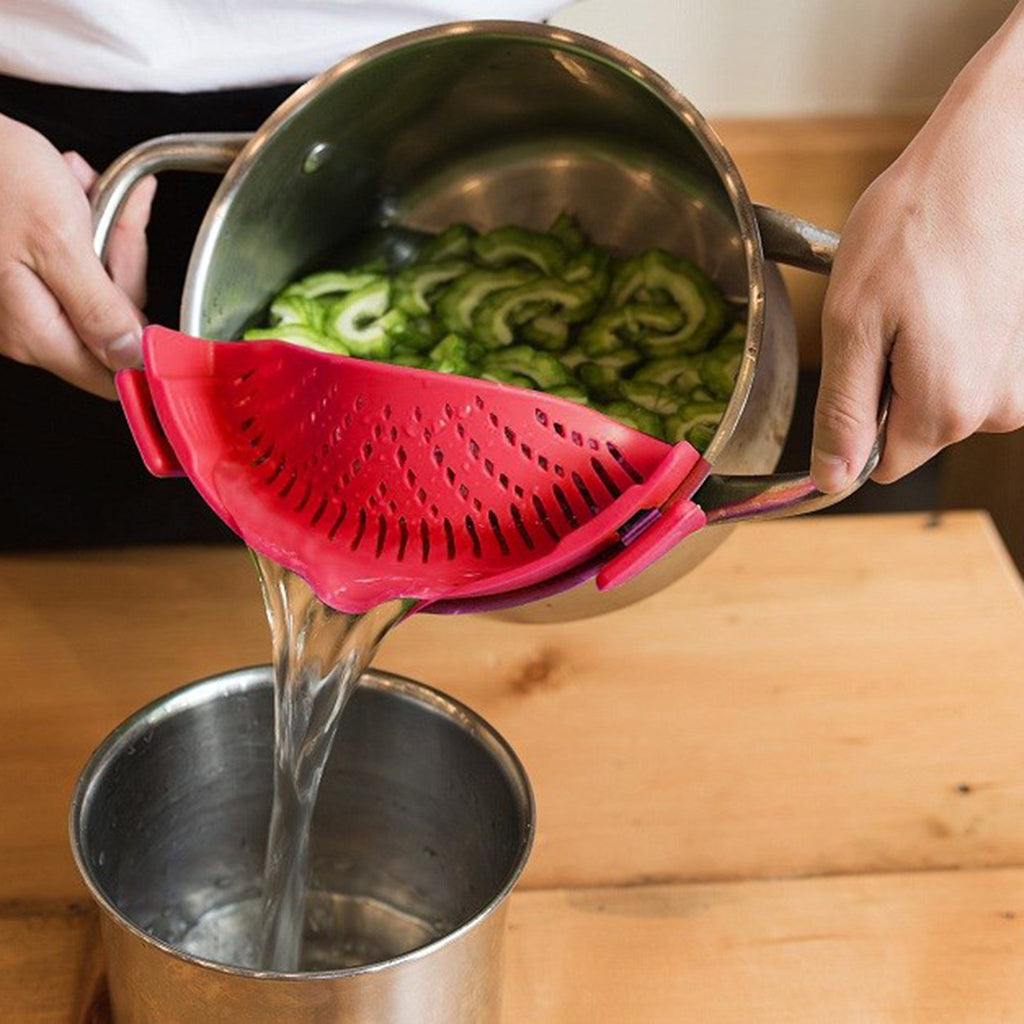 Kitchen Silicone Food Pan Clip Pan Strainer Pot Drainer Sieve Colander Red