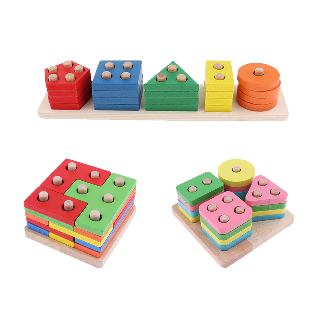 Color Blocks Stacking Shape Puzzle Wooden Toy Kids Early Educational Game 01