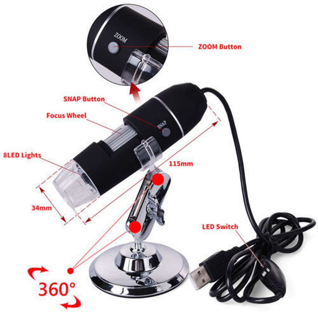 1000X New USB Digital Microscope 8 Led Camera Magnifier w/Fall Holder Stand