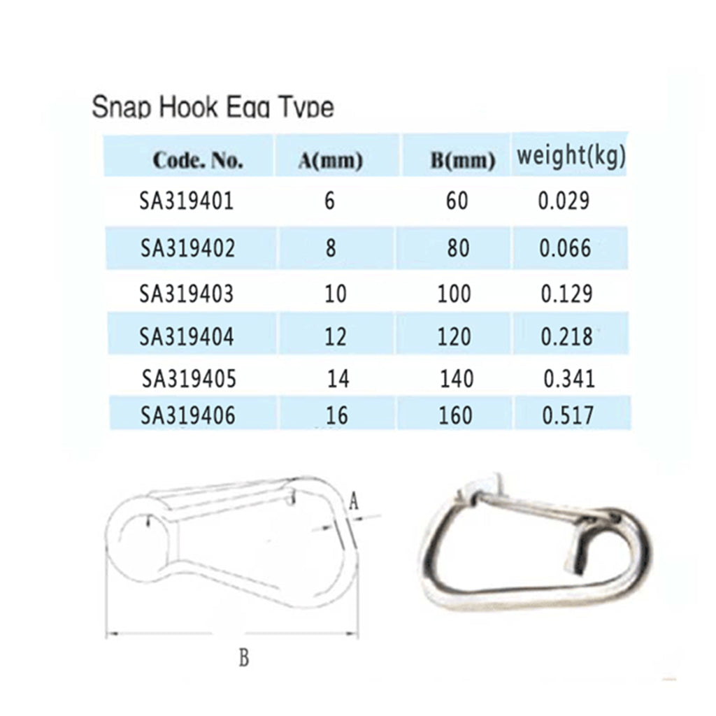 Marine Stainless Steel Spring Snap Hook 4 Sizes from 6mm to 12mm 12 x 120mm