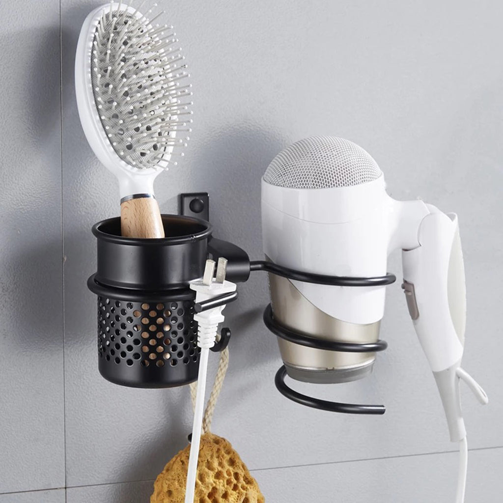 Hair Dryer Holder Hair Blower Dryer Rack Wall Mounted with Storage Cup Black