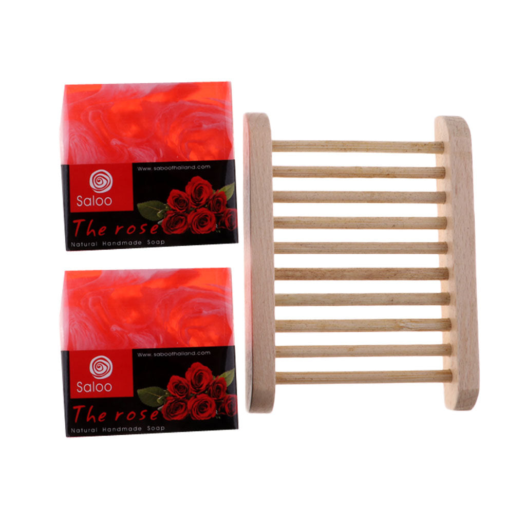 2 Pieces Essential Oil Face Bath Shower Soap Bar + Wood Dish Rose