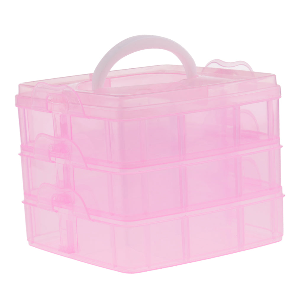 3 Tiers Large Plastic Storage Box Case Nail Art Craft Makeup Organizer & Lid Pink