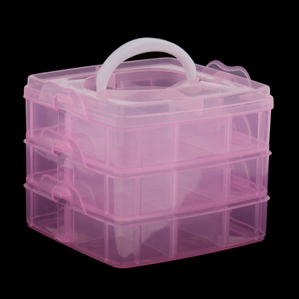 3 Tiers Large Plastic Storage Box Case Nail Art Craft Makeup Organizer & Lid Pink