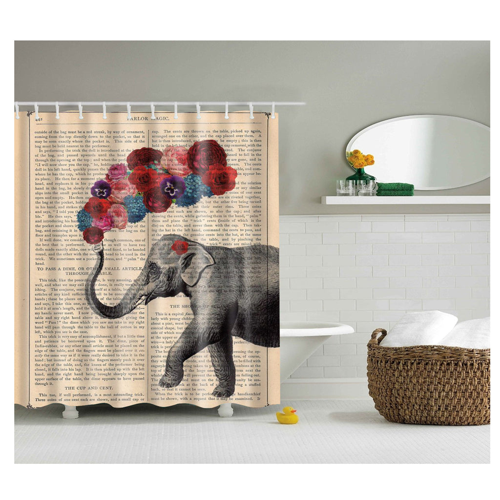 Extra Long Fabric Bath Shower Curtain 12 Hooks Bathroom Use Elephant Roses