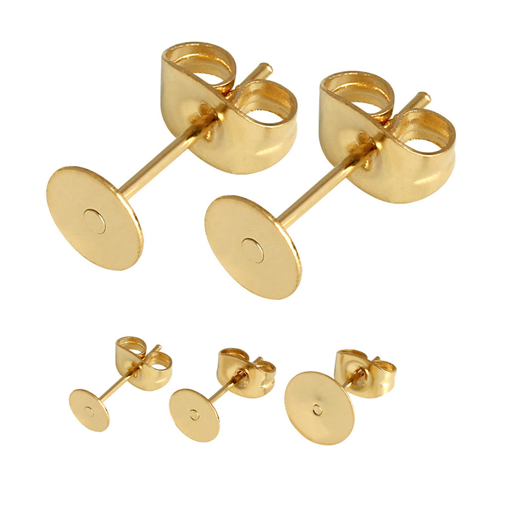 50Pcs Gold Plated Blank Flat Pad Ear Stud Earring Accessory & Backs 4mm