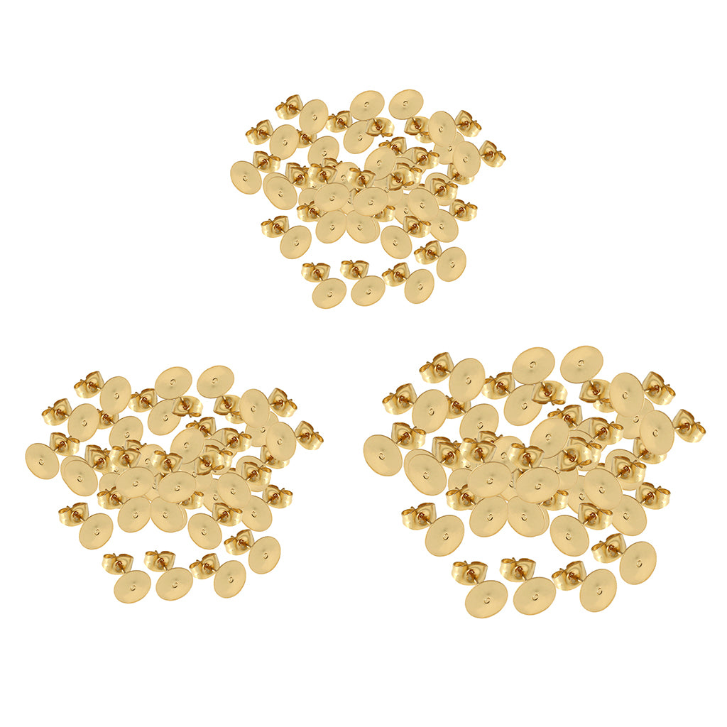 50Pcs Gold Plated Blank Flat Pad Ear Stud Earring Accessory & Backs 4mm