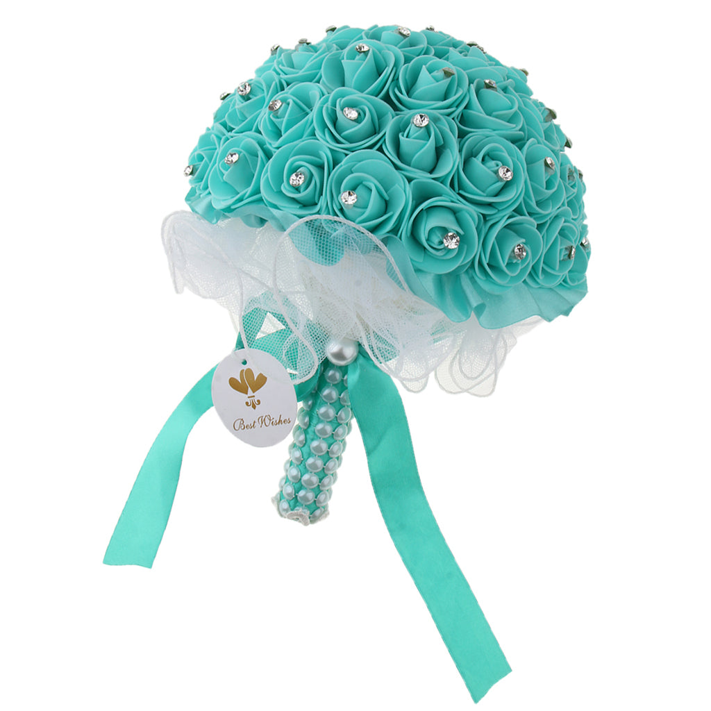 Wedding Rose Flower Bridal Bouquet Hand Holding Flower with Crystals Green