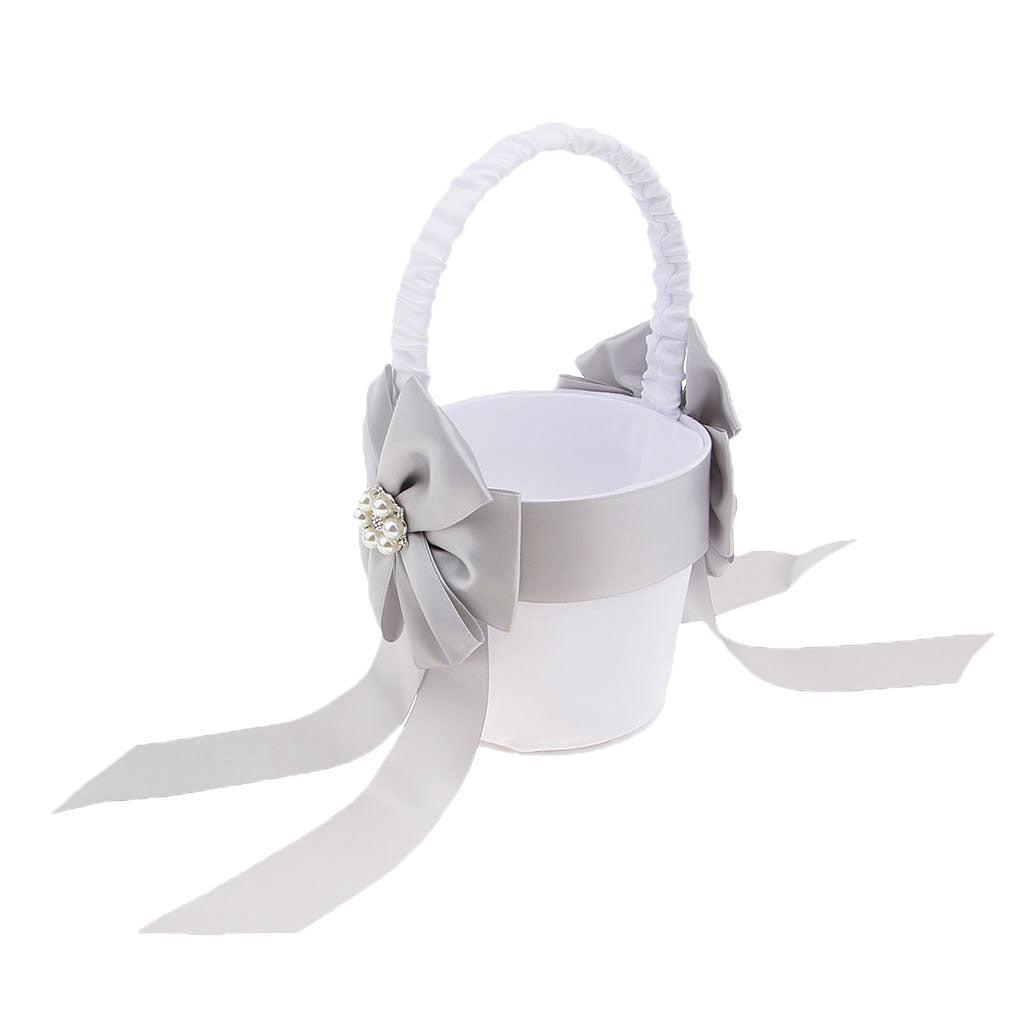 Wedding Ceremony Satin Ribbon Double Bowknot Pearls Flower Girl Basket Decor