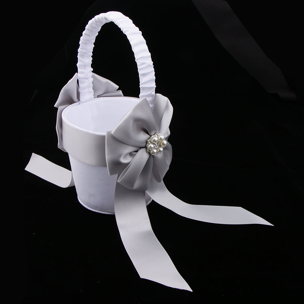 Wedding Ceremony Satin Ribbon Double Bowknot Pearls Flower Girl Basket Decor