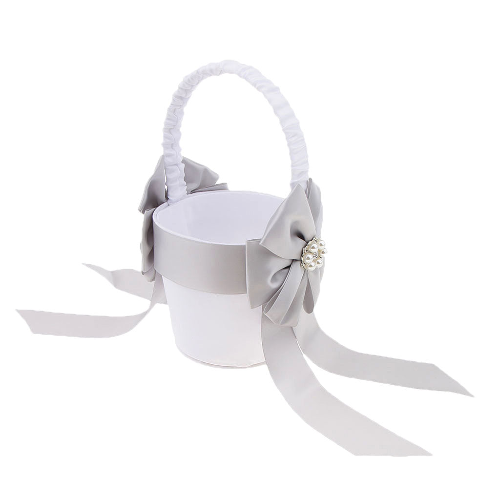 Wedding Ceremony Satin Ribbon Double Bowknot Pearls Flower Girl Basket Decor