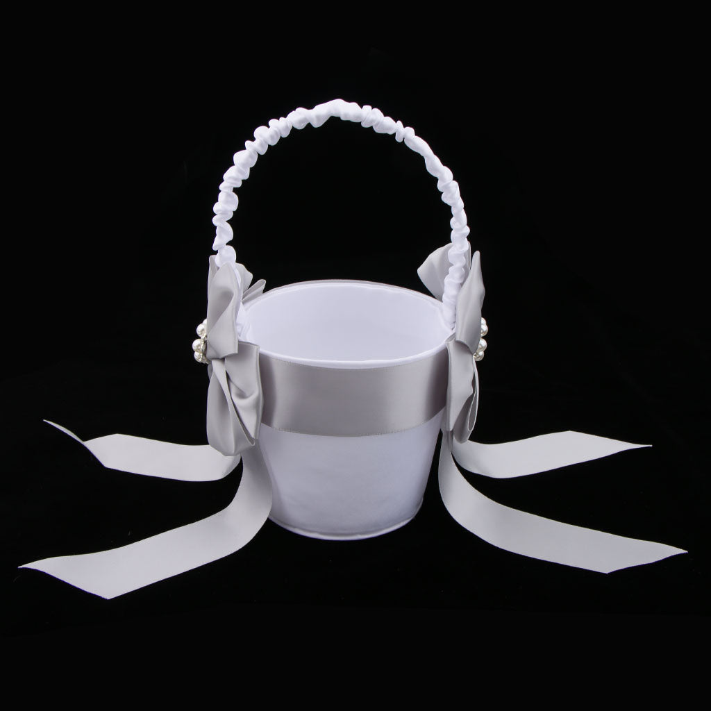 Wedding Ceremony Satin Ribbon Double Bowknot Pearls Flower Girl Basket Decor