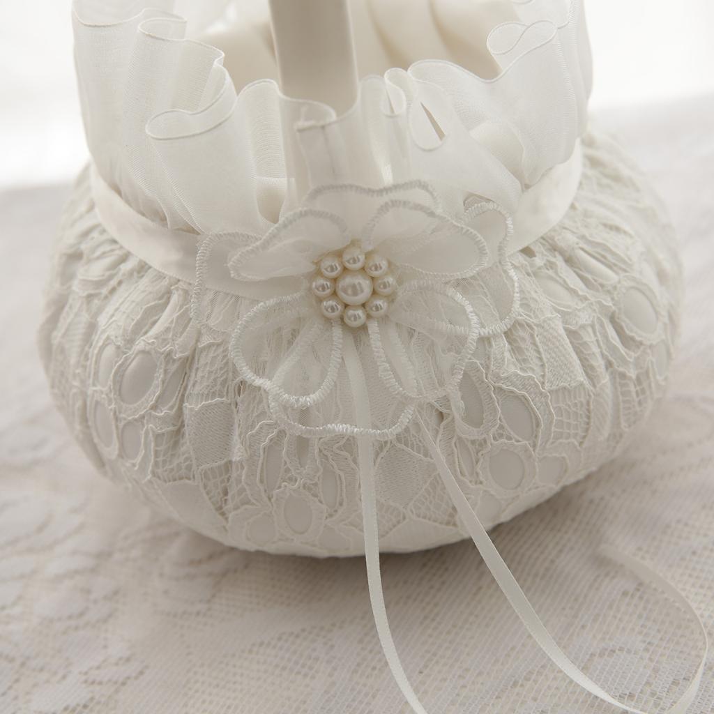 Beige Lace Flower Pearl Satin Ribbon Wedding Ceremony Flower Girl Basket