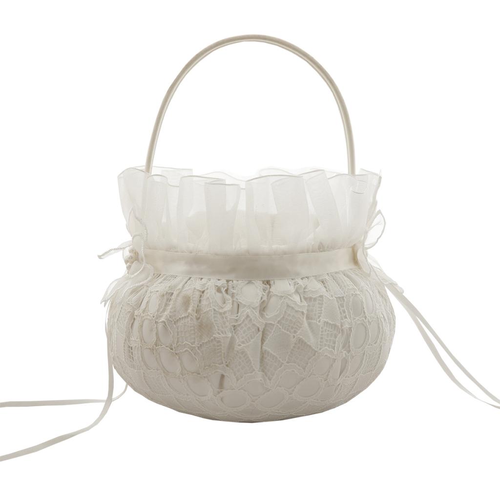 Beige Lace Flower Pearl Satin Ribbon Wedding Ceremony Flower Girl Basket